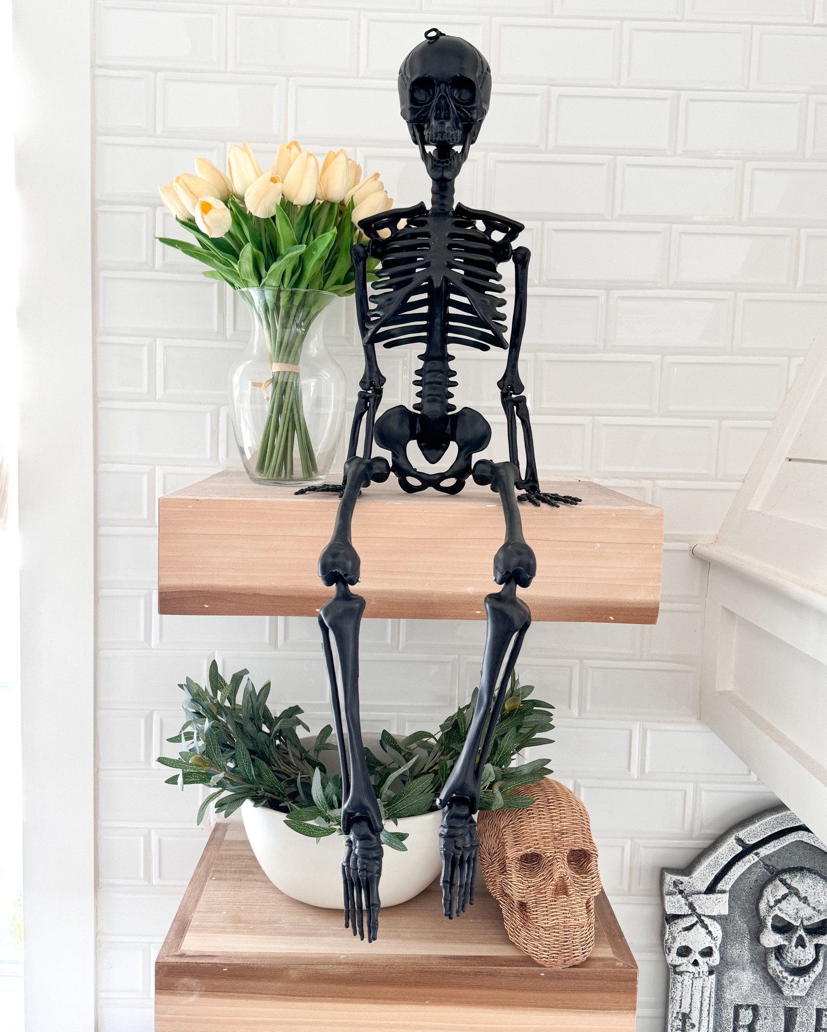 If you have a mostly white kitchen like I do, I highly recommend getting all black Halloween decorations so they really pop against the white! For example, I’m in love with these black skeletons. They are only $12 apiece. And oh my gosh, the Pho Rattan skull at the bottom of the first picture is only six dollars and it looks insanely expensive! I also love to decorate with floating candles. And I loved putting black pumpkins all over my home! The ones I got are in between $3 amd  $10. 

@Walmart #WalmartPartner