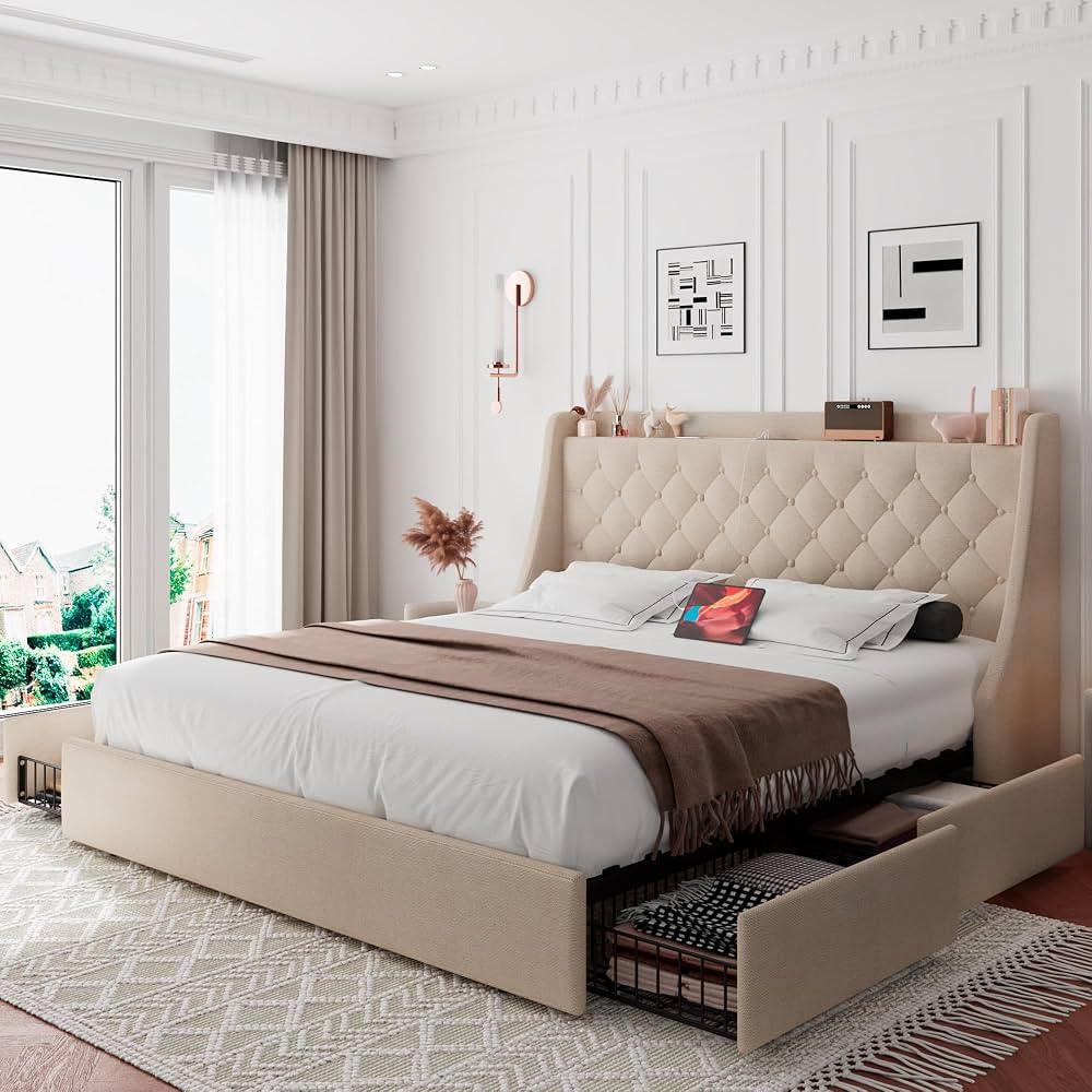 iPormis Queen Bed Frame with 4 Storage Drawers, Upholstered Platform Bed Frame with Type-C & USB ... | Amazon (US)
