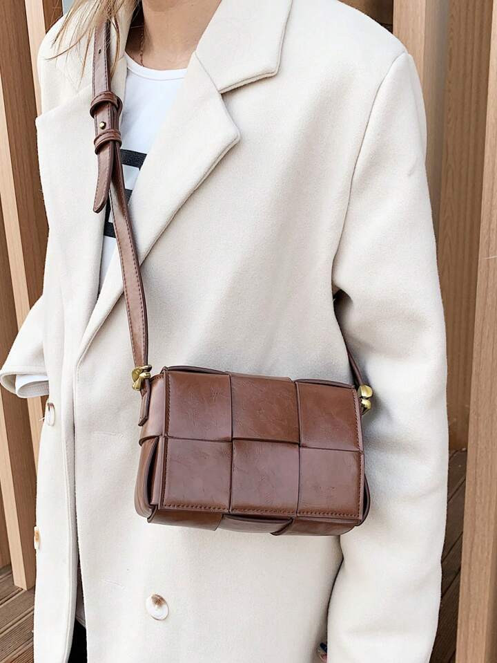 1pc Brown Fashionable Woven Simple Square Crossbody Bag For Women, Vintage Structured Handbag, Su... | SHEIN