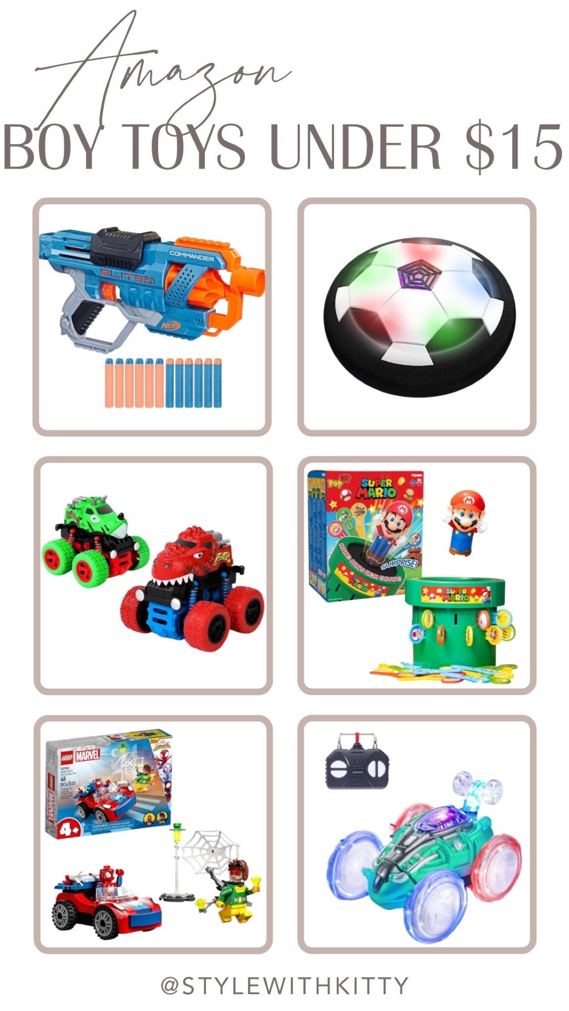 Holiday shopping just got so much easier 🎁✨
Here are the best Amazon boy toys under $15 — budget-friendly, kid-approved, and perfect for stockings, birthdays, or little surprises!

From the Nerf Elite blaster, LED hover soccer ball, dinosaur pull-back cars, Super Mario surprise game, Marvel LEGO set, to the light-up RC stunt car… these are all guaranteed hits! 🚀💙

Which one are you adding to your cart first? @stylewithkitty


#LTKGiftGuide #LTKKids #LTKFindsUnder50
