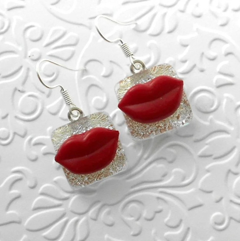 Big Red Lips - Red Lip Earrings - Fused Glass Lips - Valentines Earrings - Dichroic Fused Glass E... | Etsy (US)