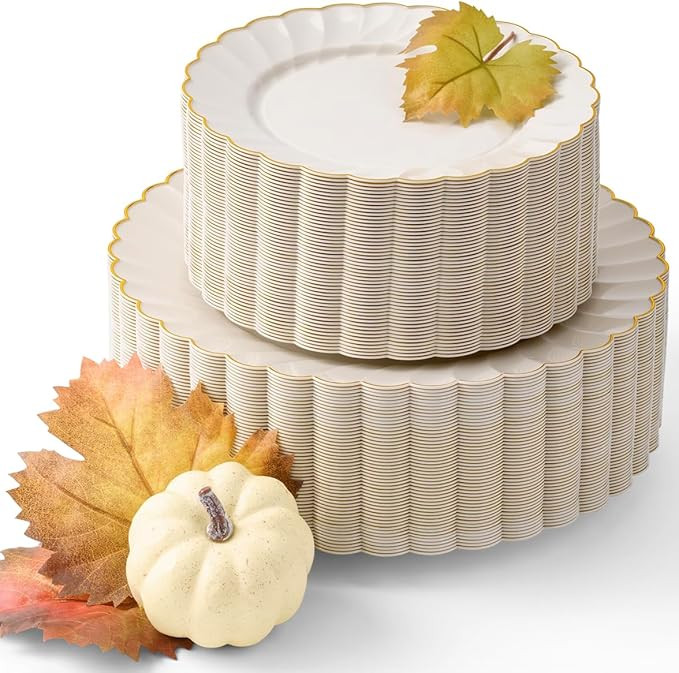 By Madee HIGH END 100 PC Scalloped Ivory and Gold Plates for Thanksgiving Dinner | Fall Plates an... | Amazon (US)