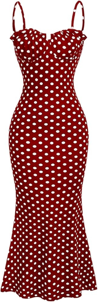 Milumia Women's Polka Dots Frill Trim Cami Dress Elegant Ruched Bust Fishtail Maxi Dresses | Amazon (US)