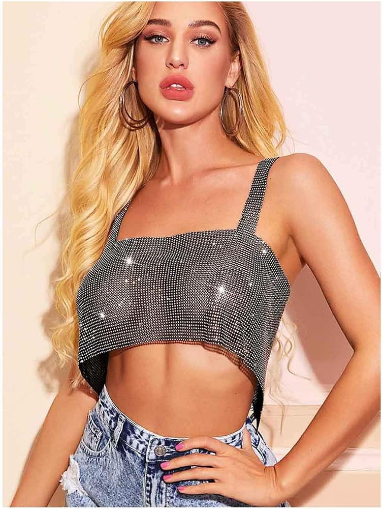 Jemiwa Crystal Crop Top Gold Sparkly Sequin Halter Tops Rhinestone Tank Top Backless Sleeveless B... | Amazon (US)