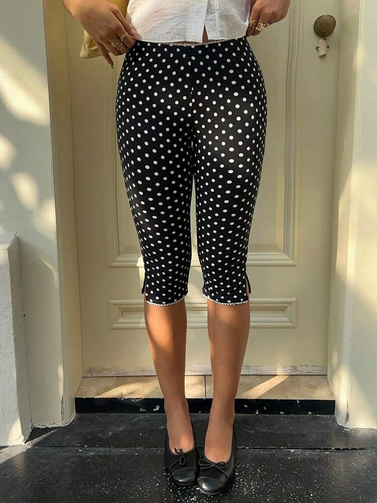 MainGRL Women Casual Capris Polka Dot Print Slim Fit Shorts,Going Out,Back To School, | SHEIN