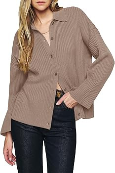 Danedvi Womens Collared Cardigan Sweaters Oversized Ribbed Knit Open Front Button Up Bell Sleeve ... | Amazon (US)