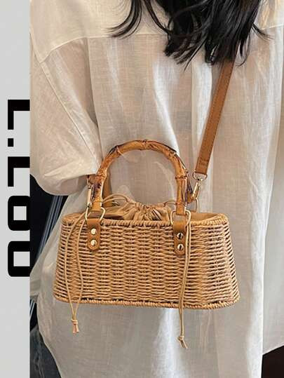 2026 Summer New Woven Handbag For Women, Minimalist Beach Casual Straw Bag, Unique Design Shoulde... | SHEIN
