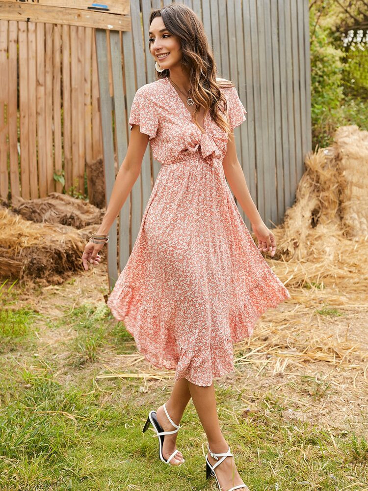 Tie Front Asymmetrical Ruffle Hem Ditsy Floral Dress | SHEIN
