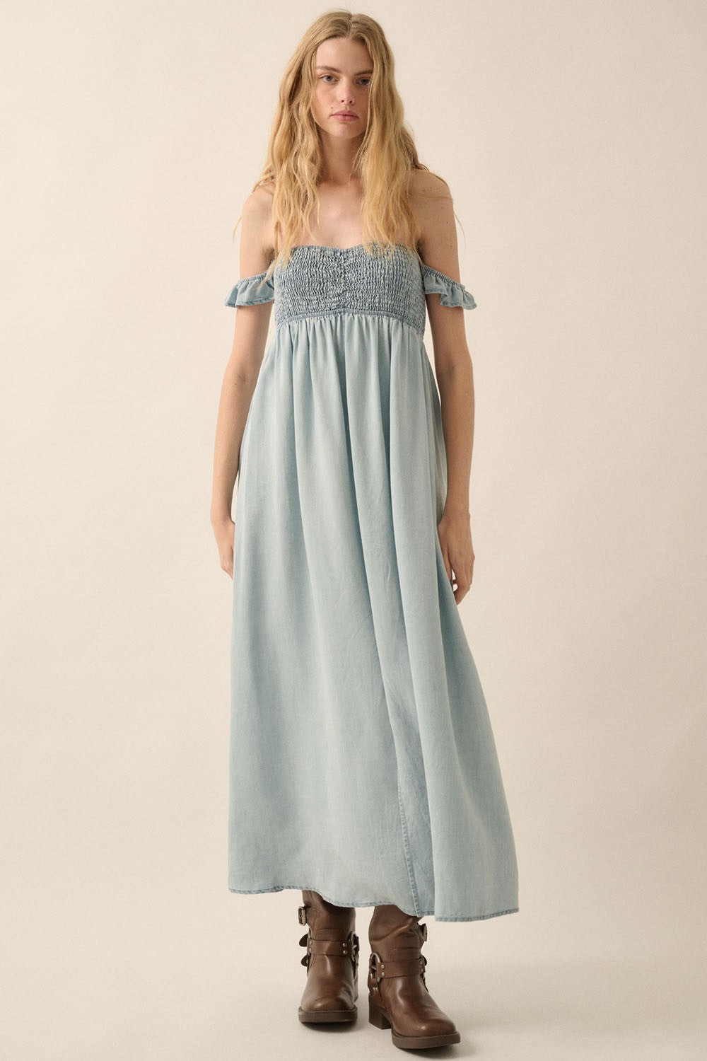 Light Chambray Smocked Denim Off-Shoulder Maxi Dress | PinkBlush Maternity