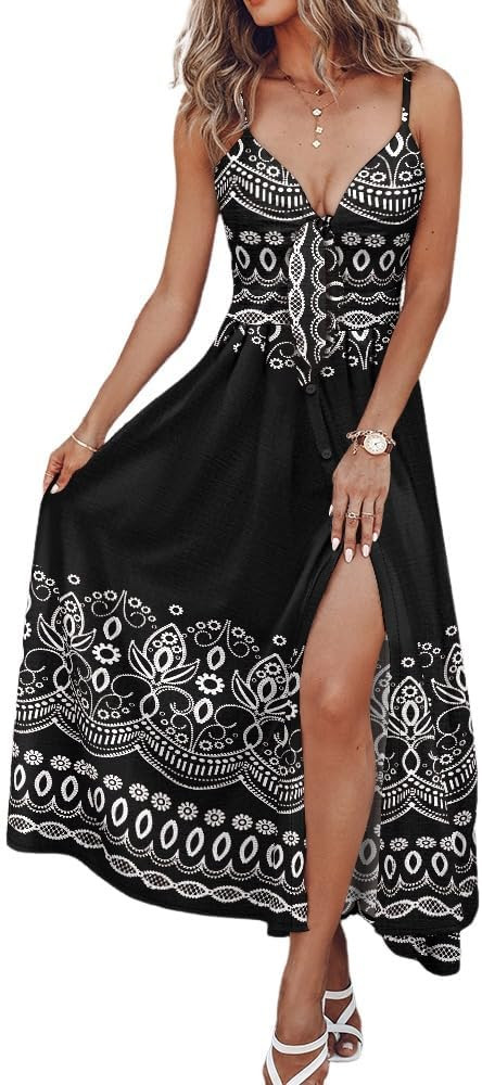 CHICME Floral Print V Neck Button Front Sleeveless Maxi Dress Casual Hollow Out A Line Dress | Amazon (US)