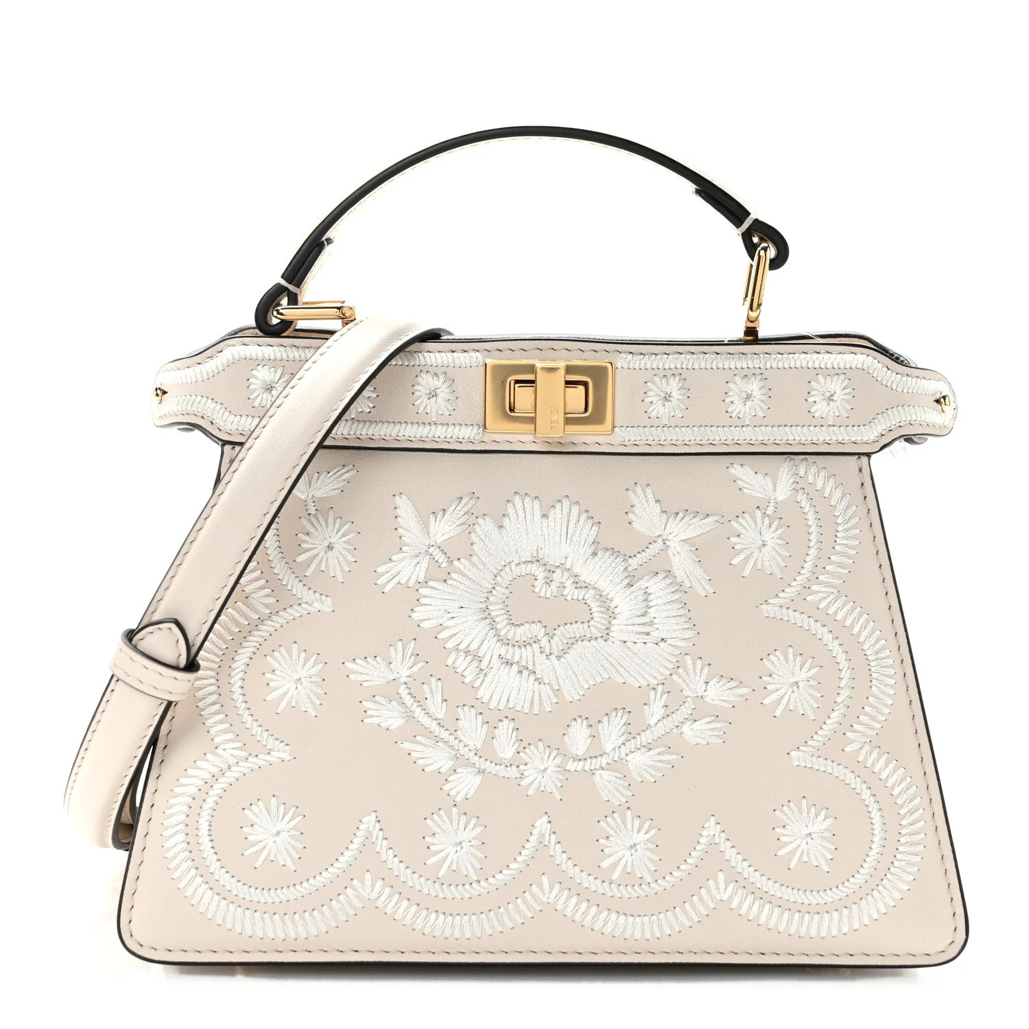 Vitello Seta Shiny Nappa Floral Embroidered Petite Peekaboo I SEE U Satchel Camelia White Ice | FASHIONPHILE (US)