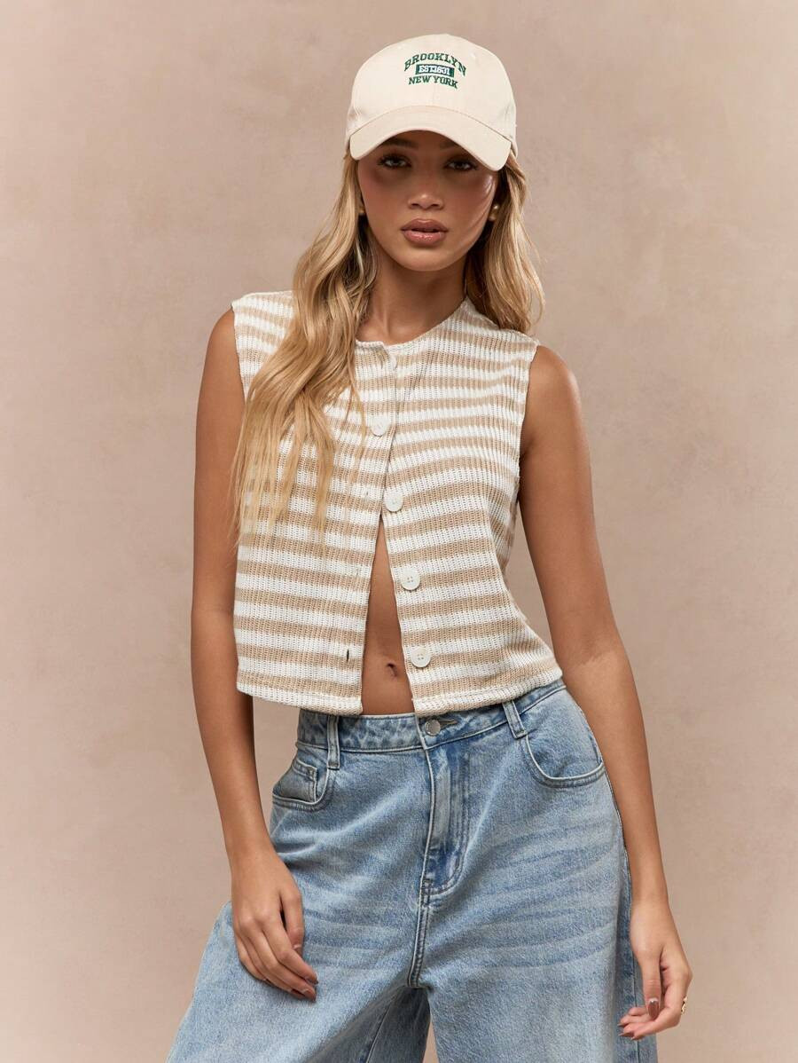 MISSGUIDED Striped Knit Mesh Buttoned Sleeveless Top | SHEIN