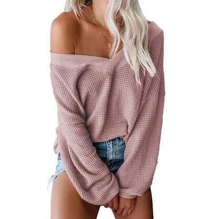 Aleumdr Womens Pink Sweater V Neck One Shoulder Long Sleeve Pullover 12 14 | Walmart (US)