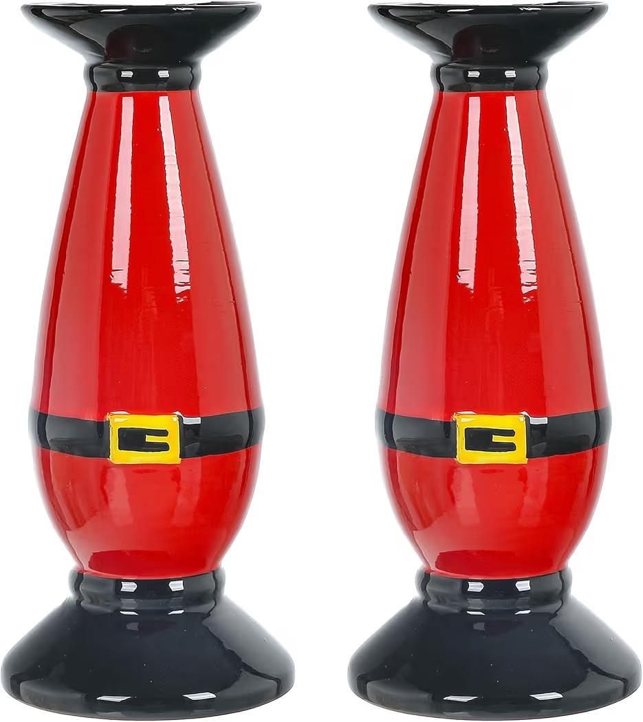 Set of 2 Christmas Hand-Painted Ceramic Large Candle Holders for Pillar Candles (Santa's Belt) | Amazon (US)