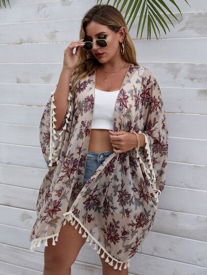 Plus Floral Print Tassel Trim Kimono | SHEIN