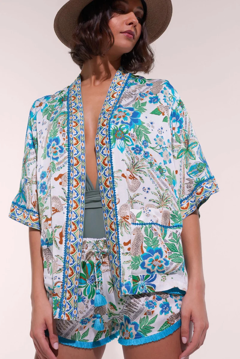 Kimono Bel - Blue Leo Foulard | Poupette St Barth