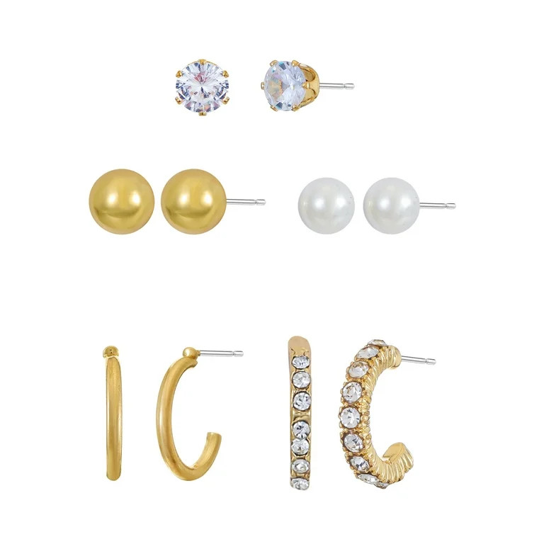 Time and Tru Womens Gold Stud and Mini Hoop Earring Collection, 6 Pairs | Walmart (US)