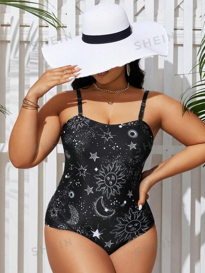 SHEIN Swim Curve Plus Size Women's One-Piece Swimsuit With Sun & Star Pattern And Thin Straps, Ba... | SHEIN
