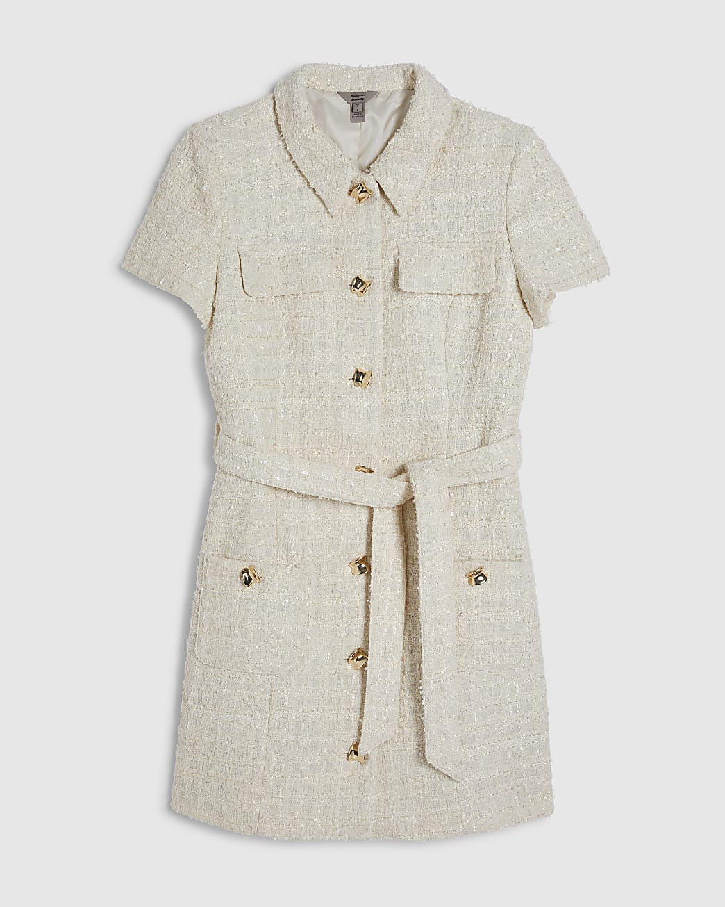 Cream Boucle Belted Mini Dress | River Island UK & IE
