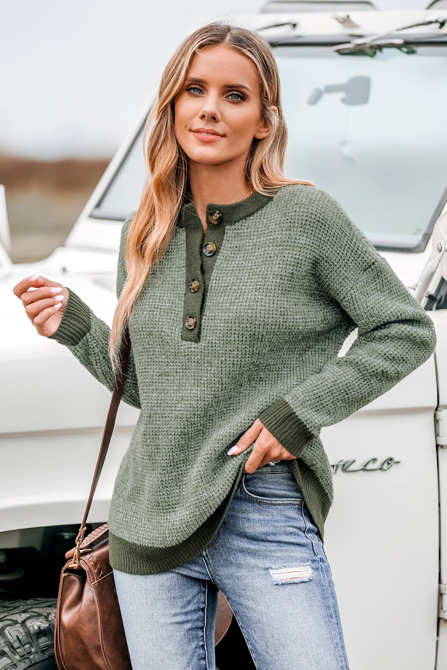 Marled Drop Sleeve Henley SweaterNew | Cupshe US