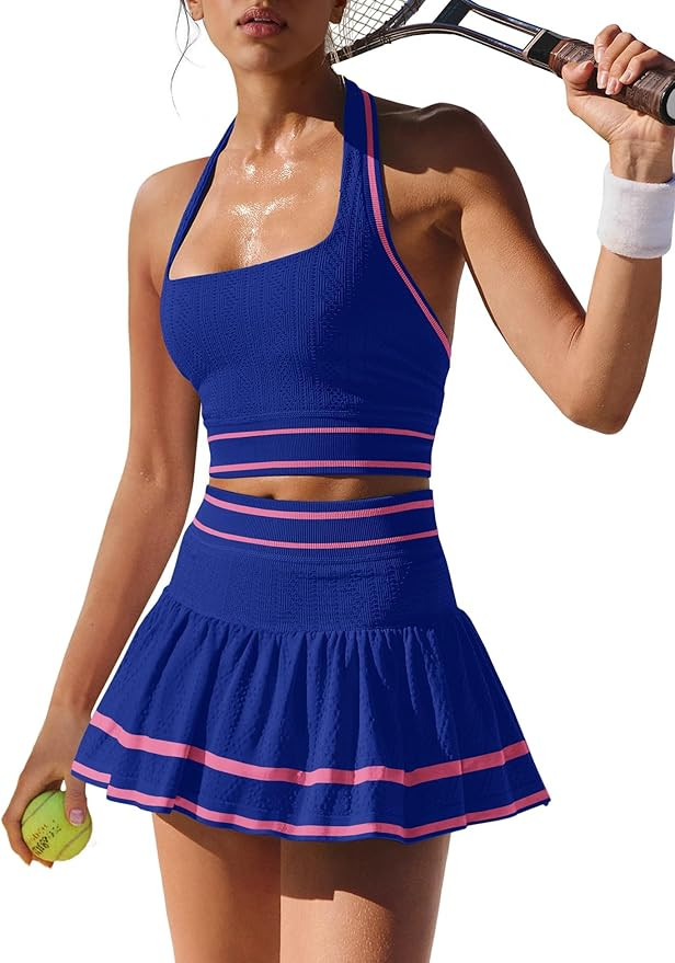 ReachMe Womens Two Piece Workout Sets Tennis Skirt Sets 2 Piece Golf Outfits Matching Halter Top ... | Amazon (US)