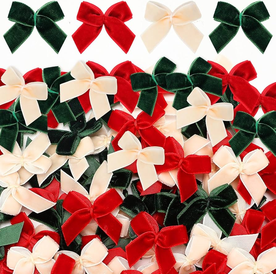 Waydress 120 Pcs Tiny Mini Christmas Velvet Bows for Crafts Xmas Twist Tie Bows Ribbon Bowknot Ch... | Amazon (US)