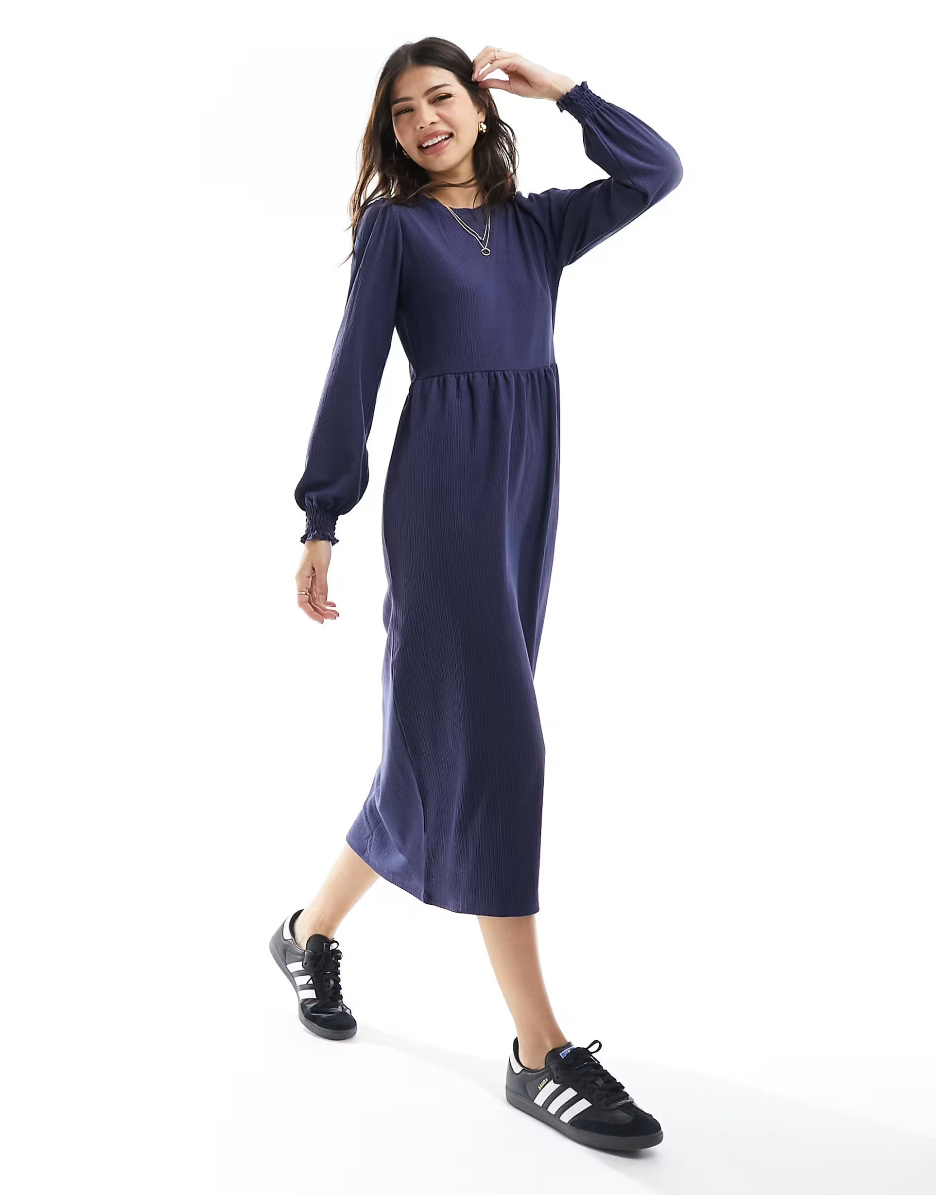 New Look crinkle smock midi dress in navy | ASOS | ASOS (Global)
