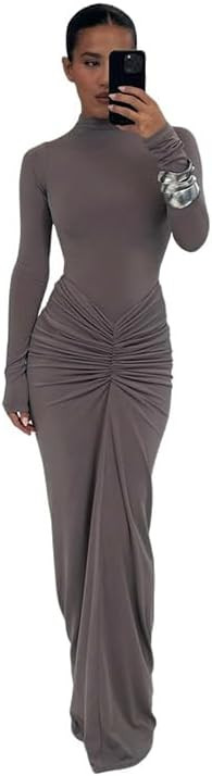 Womens Sexy Maxi Dress Long Sleeve Ruched Bodycon Turtleneck Club Party Casual Wedding Dresses | Amazon (US)