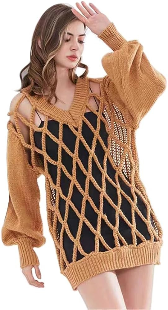 Fashion V-Neck Personalized mesh Skeleton Knit Lantern Sleeve Loose Women's Sweater | Amazon (US)