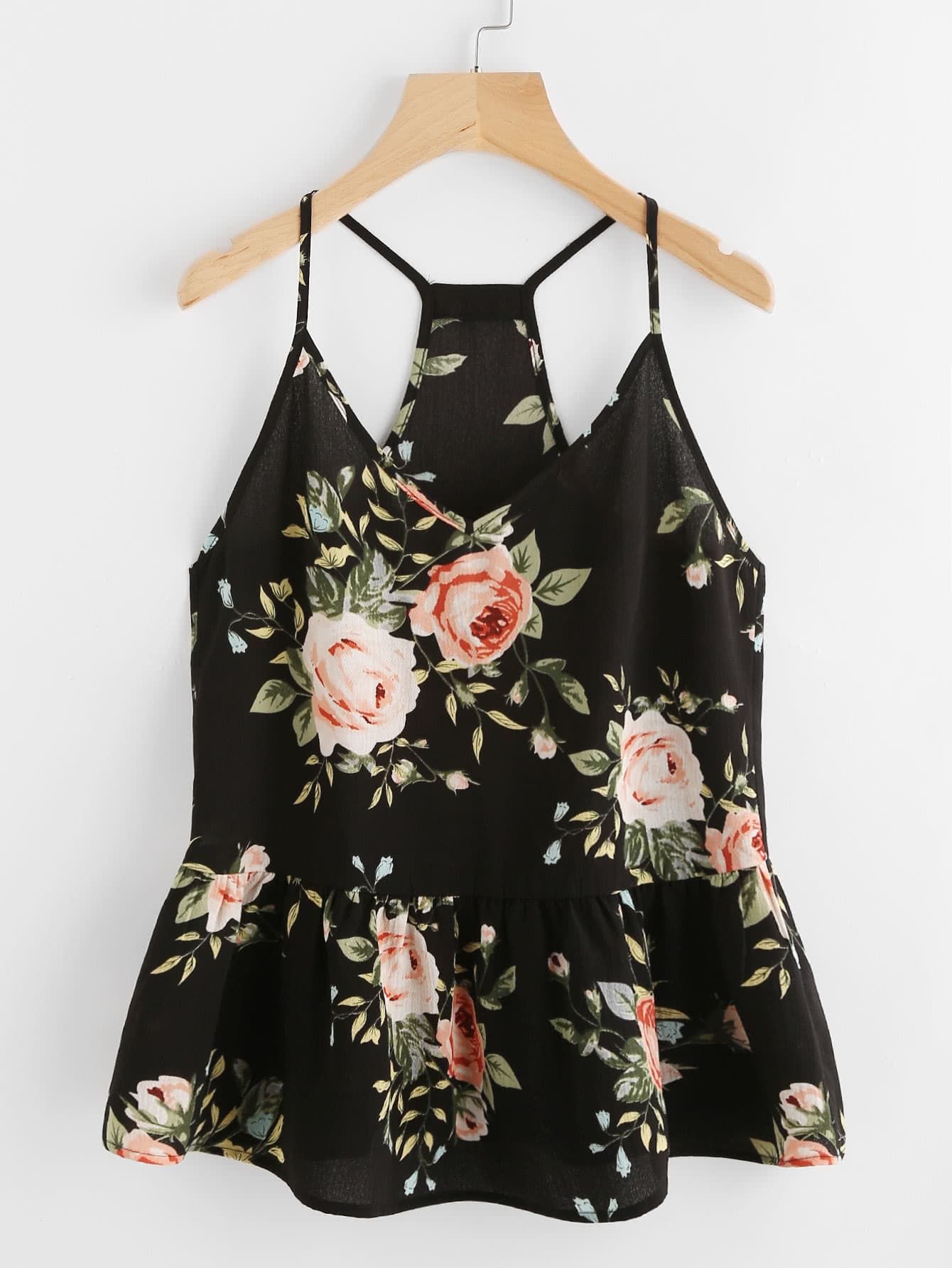 Rose Cluster Print Peplum Racerback Cami Top | SHEIN