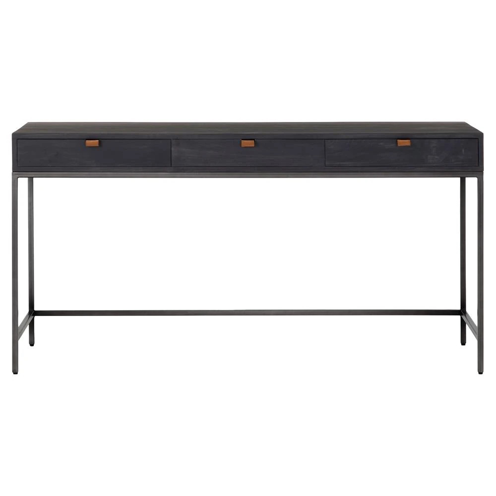 Theodore Industrial Loft Black Wood Iron 3 Drawer Desk | Kathy Kuo Home