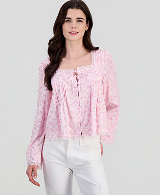 Hippie Rose Juniors' Lace-Trim Floral-Print Pintucked Top - Macy's | Macy's