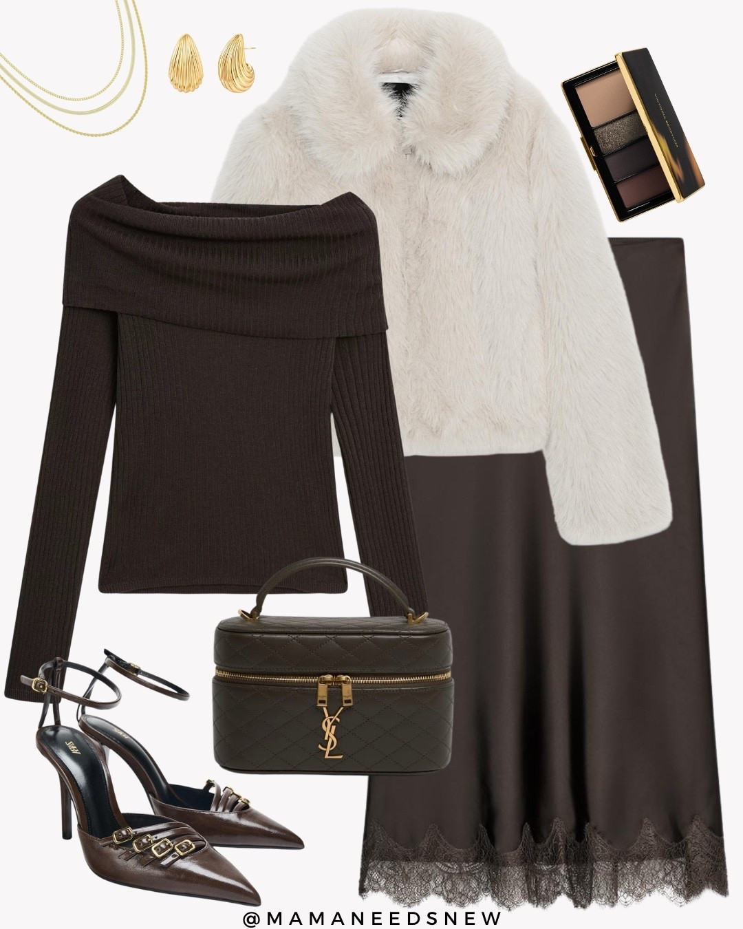 A fall outfit with a faux fur jacket, satin skirt with lace detail, off shoulder top, top handle vanity bag, heels 

#LTKShoeCrush #LTKSaleAlert #LTKStyleTip