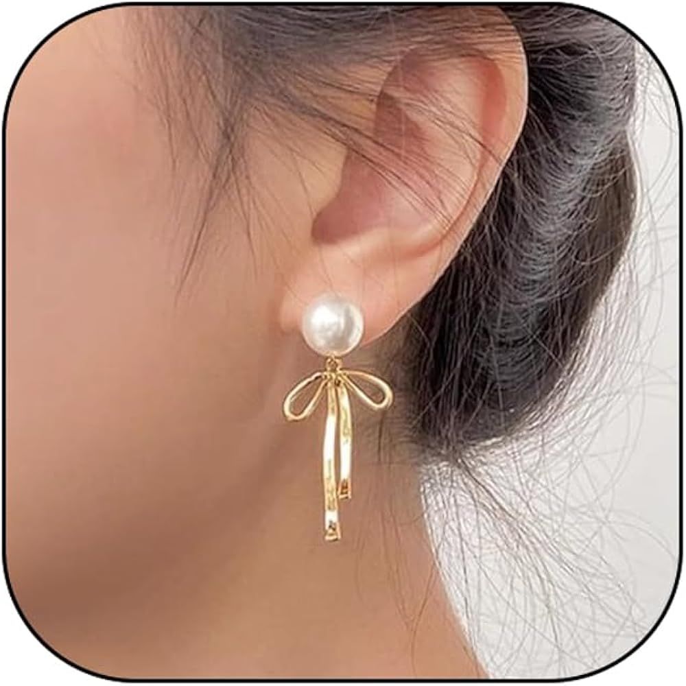 Bow Pearl Earrings for Women, 14K Gold Bowknot Dangle Drop Vintage Twist Post Stud Gift Jewelry | Amazon (US)