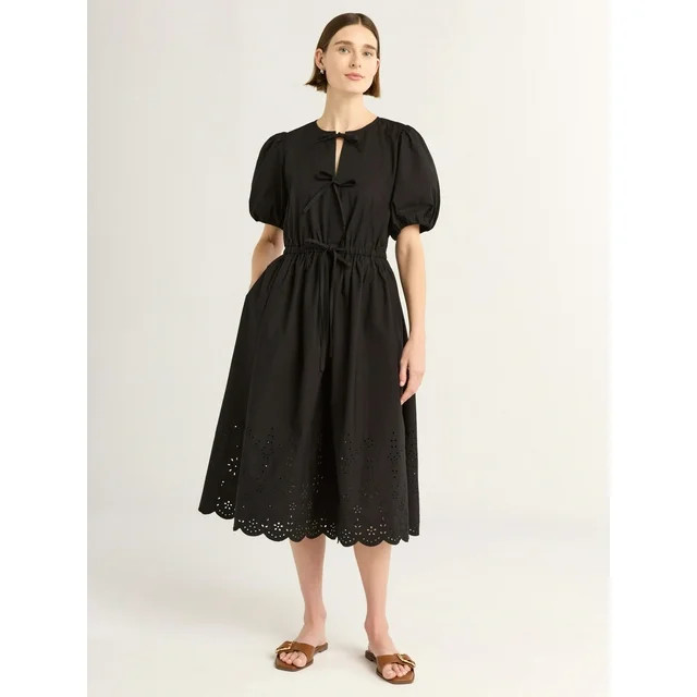 Free Assembly Women's and Women's Plus Tie Front Cotton Eyelet Midi Dress with Short Puff Sleeves... | Walmart (US)