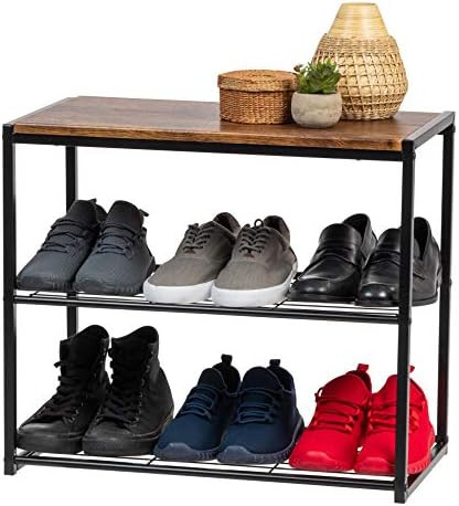 IRIS USA WSSO-3 3-Tier Shoe Storage Organizer, Black with Brown Wood | Amazon (US)
