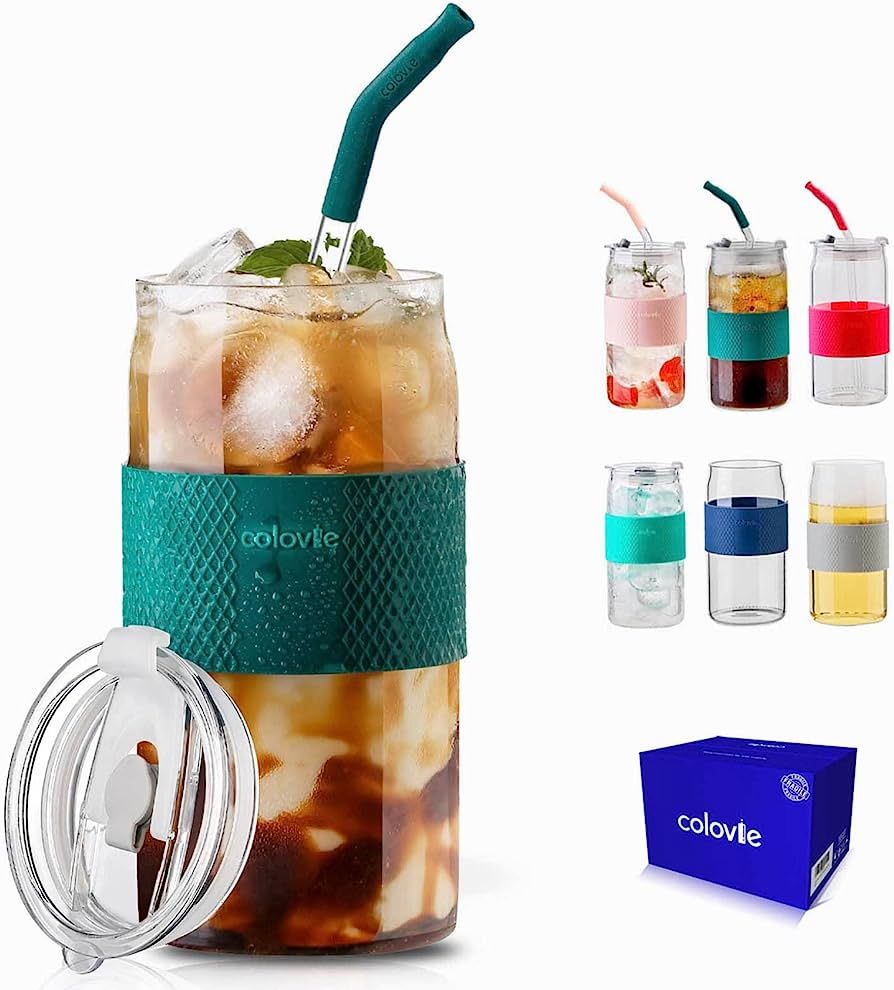 ColoVie Travel Glass Tumbler Cup with Lids and Glass Straws 6pc Set-20oz Can Shaped Drinking Glas... | Amazon (US)