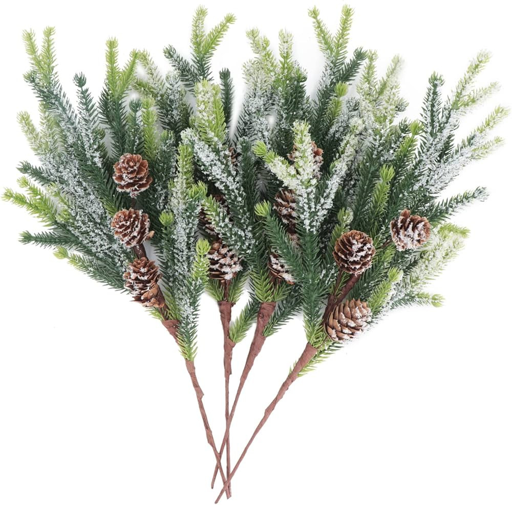4 Pieces 14" Snowy Artificial Cypress Pine Needles Branches Fake Frosted Pine Picks Greenery Chri... | Amazon (US)