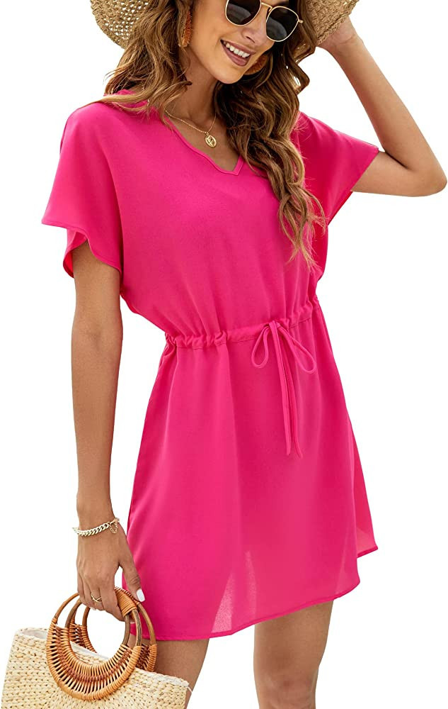 Bluetime Women Casual Sexy Swim Cover up V-Neck Summer Beachwear Coverups Flowy Short Sleeve Mini... | Amazon (US)