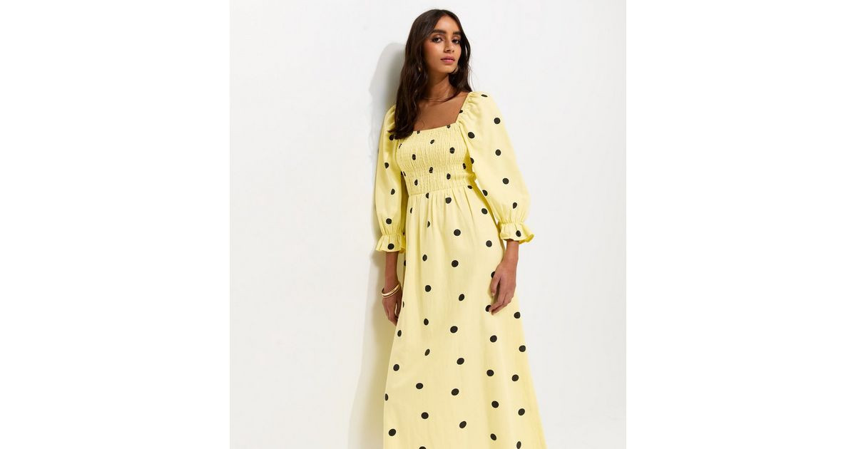 Yellow Textured Polka Dot Shirred Midi Dress | New Look | New Look (UK)