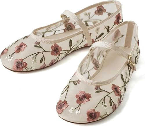 Ballet Flats with Strap for Women Floral Ballet Flats Mesh Shoes Women Flat Slip On Ballerina Shoes Round Toe Comfortable Daily Dress Shoe US9.5 Beige | Amazon (US)