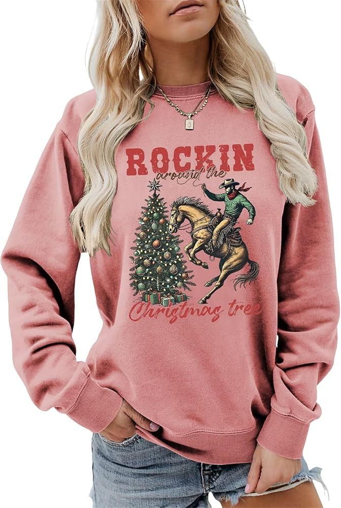 Christmas Sweatshirts for Women Rocking Around The Christmas Tree Sweatshirt Retro Western Cowboy... | Amazon (US)