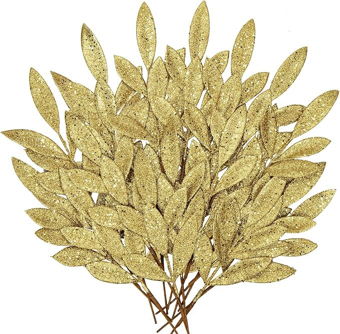 DILATATA 20 Pcs Christmas Glitter Bay Leaves 11" Gold Artificial Glitter Leaf Spray Christmas Tre... | Amazon (US)