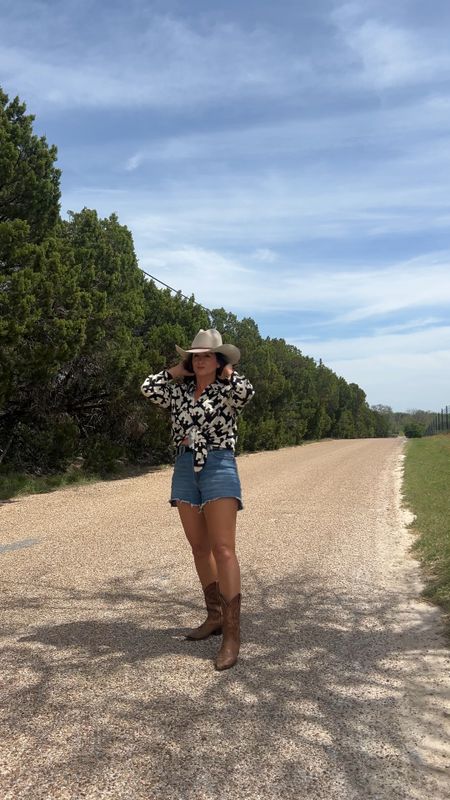 Ranch outfit. Curve love Jean shorts, western belt, printed shirt

#LTKVideo #LTKover40 #LTKtravel