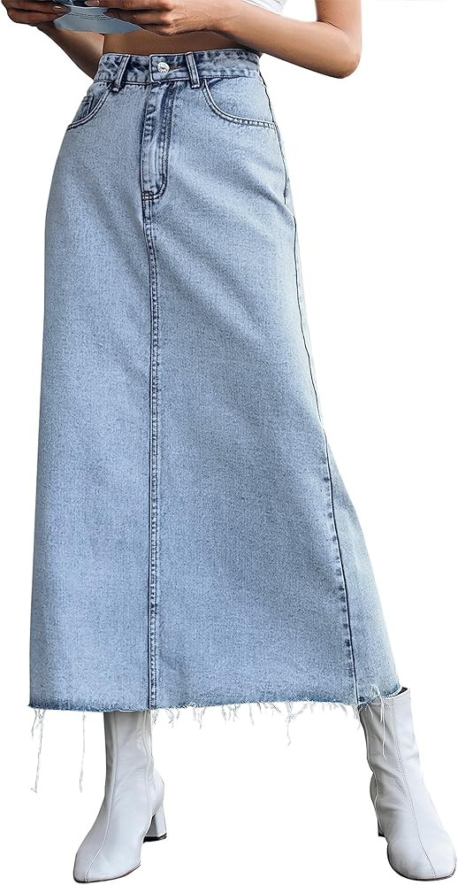 MISS MOLY Women's Jean Skirt Stretch High Waisted Frayed Raw Hem A Line Denim Midi Skirt with Poc... | Amazon (US)