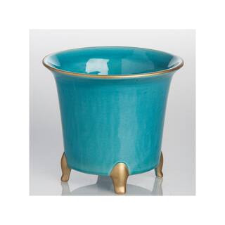 Cachepot Round Small Turq with Gold | The Home Depot