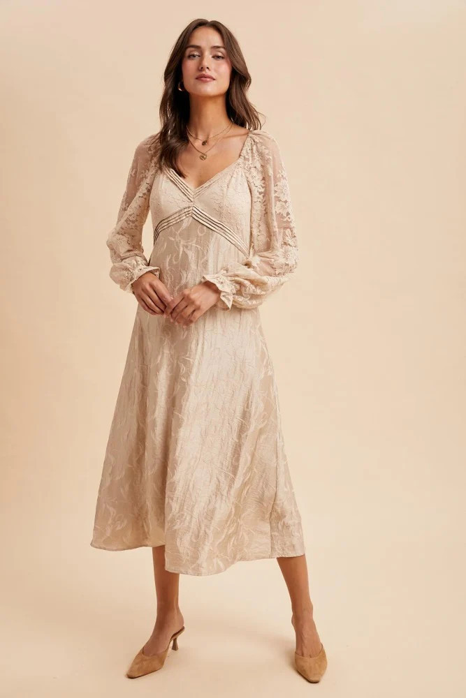 Cream Lace Jacquard Long Sleeve Midi Dress | PinkBlush Maternity