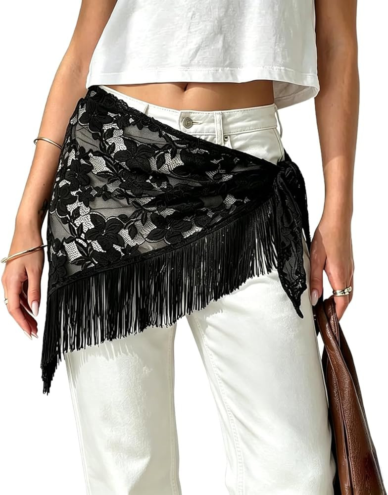 Women Y2K Tassel Tie Waist Belt Floral Lace Fringe Hip Scarf Boho Sheer Mesh Wrap Cover Up Festiv... | Amazon (US)