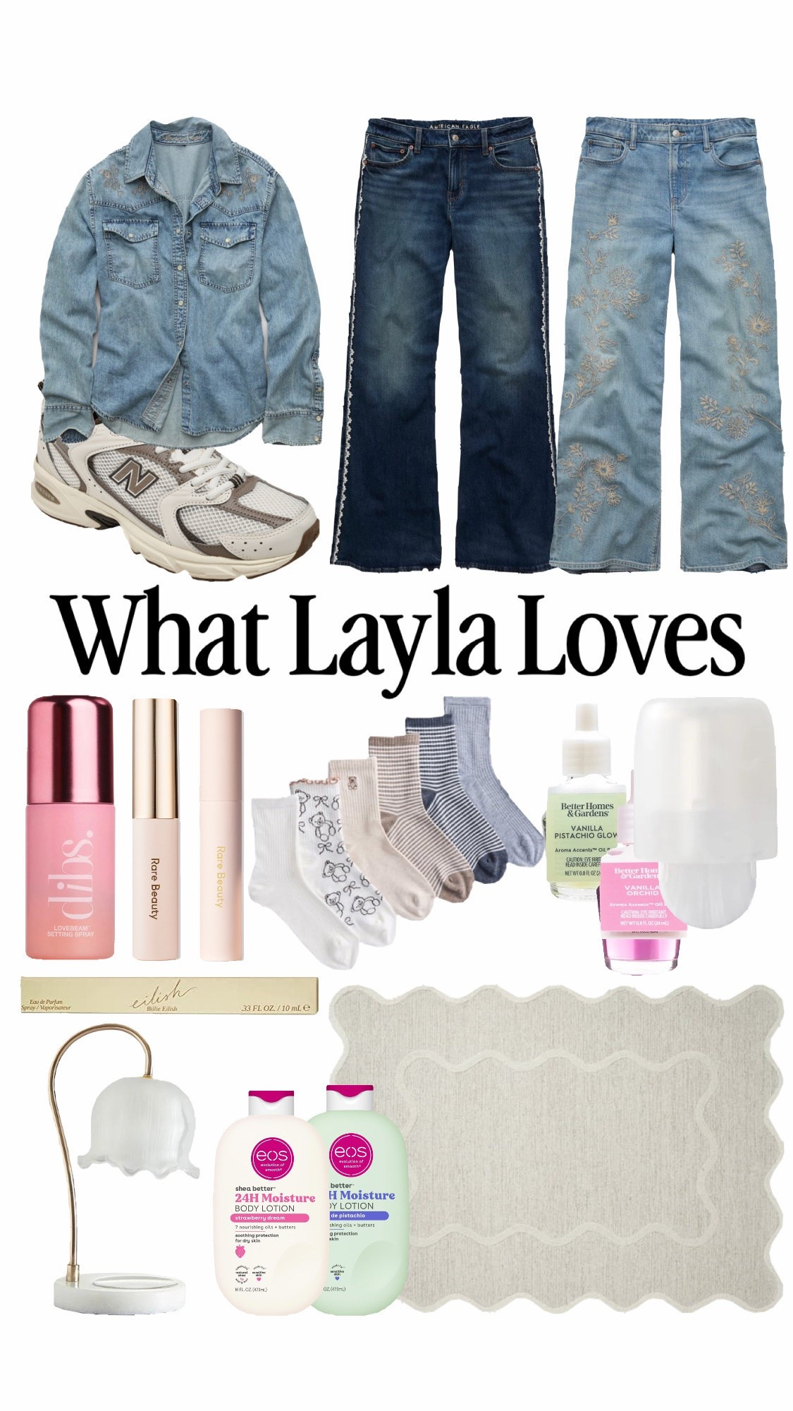 We’re starting a new series called “what Layla loves” this was highly requested from y’all and it will bring a fun perspective from a 20 year-old! Today’s is a mixture of @DIBS Beauty @Target items, ￼ her current favorite @American Eagle Outfitters jeans￼￼￼
￼The New Balance she is wanting from @Macy's , some cute new socks and scents from @Walmart and some of her favorite beauty items￼￼￼