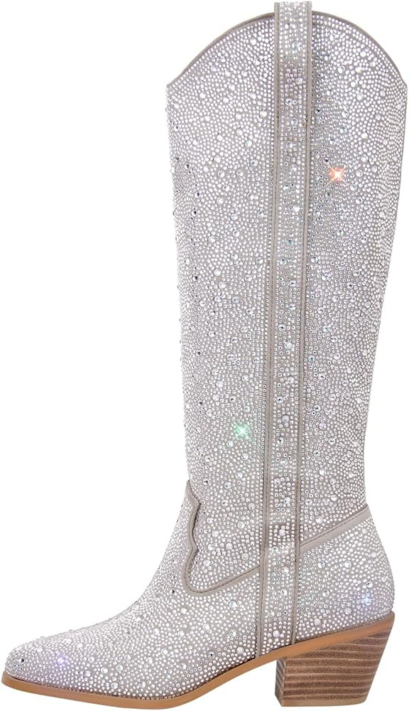 sexytag Rhinestone Boots for Women Knee High Chunky Low Heel Mid-calf Boots Pointed Toe Pull-On A... | Amazon (US)